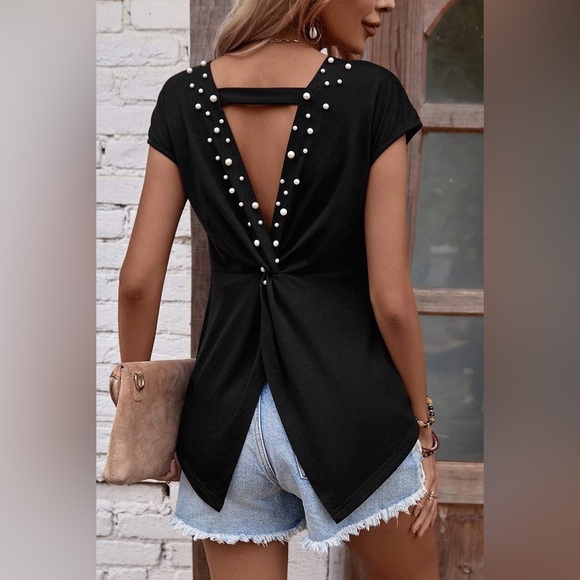Black Pearls Embellished Twist Back Tee - Picture 5 of 13